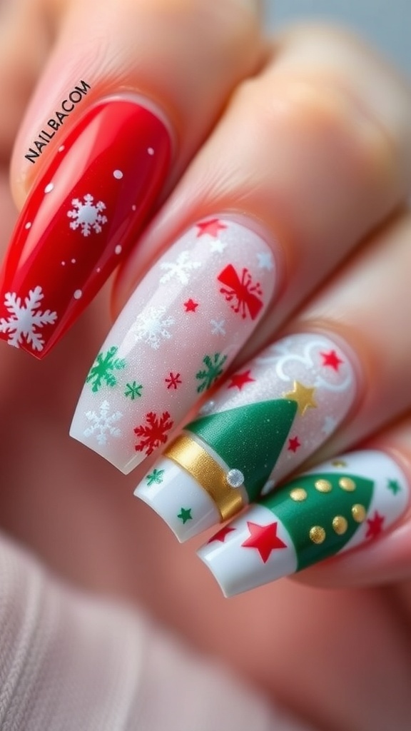Close-up of short hard gel Christmas nails with festive designs in red, green, and white.